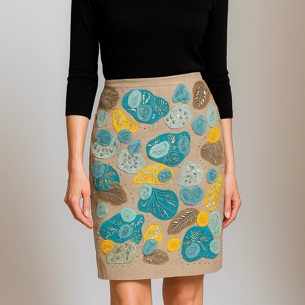 Lafayette 148 New York Beige Mini Skirt with Teal and Yellow Appliqué